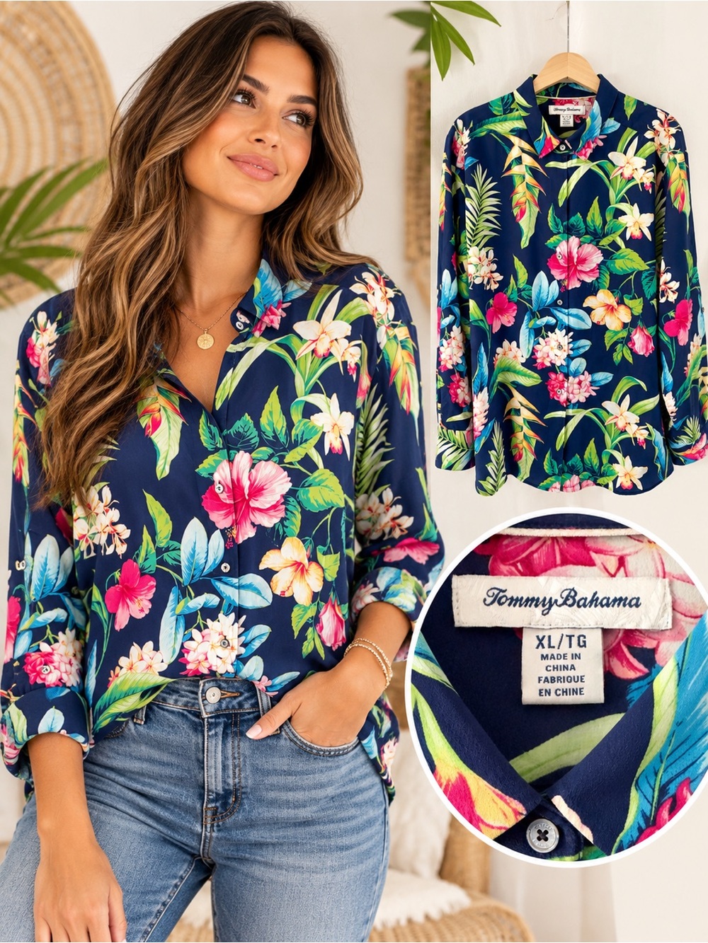 Tommy Bahama 100% Silk Tropical Floral Roll Tab Button Down Shirt Navy XL